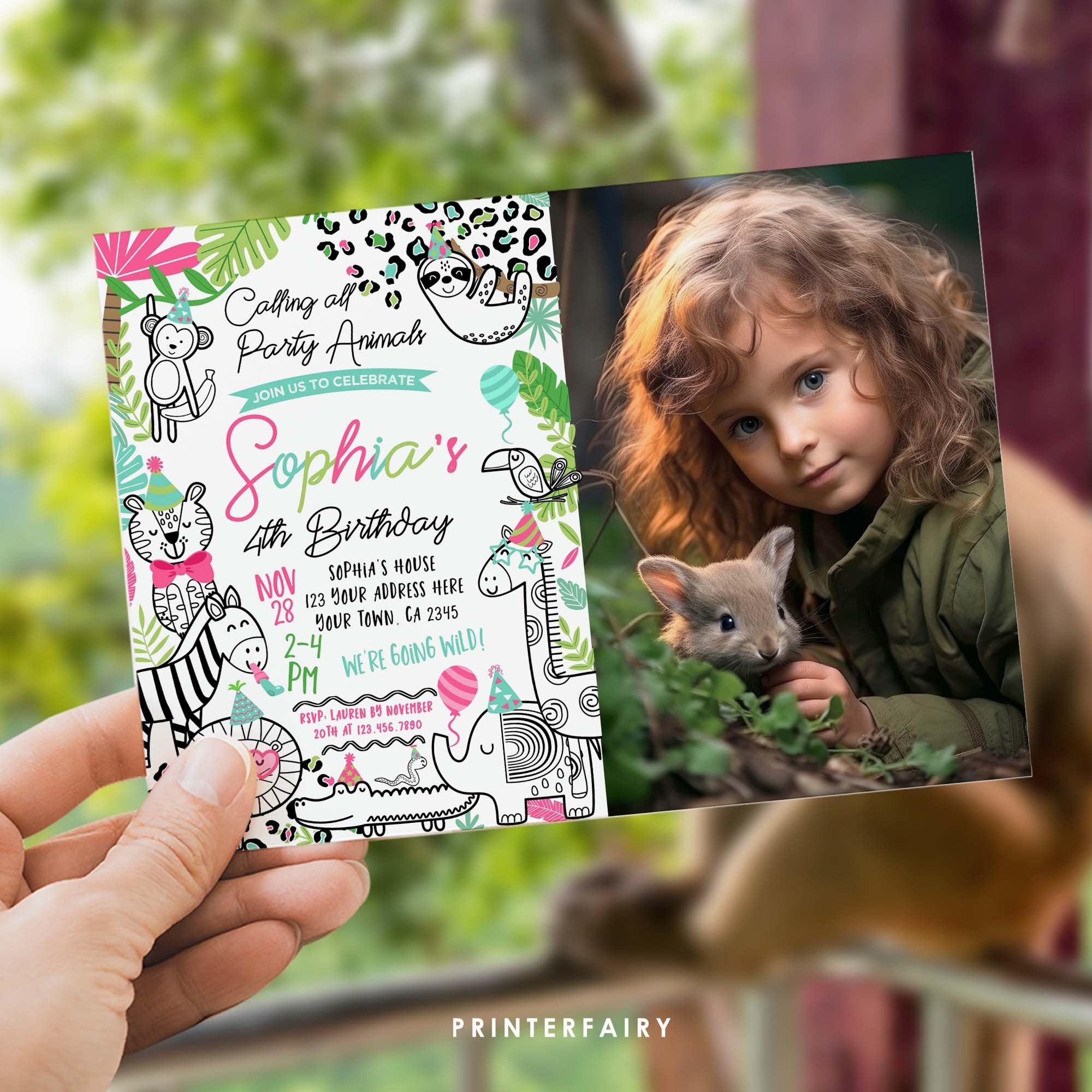 Safari Birthday Invitation, Jungle Animals, Photo, Editable (Digital Download)