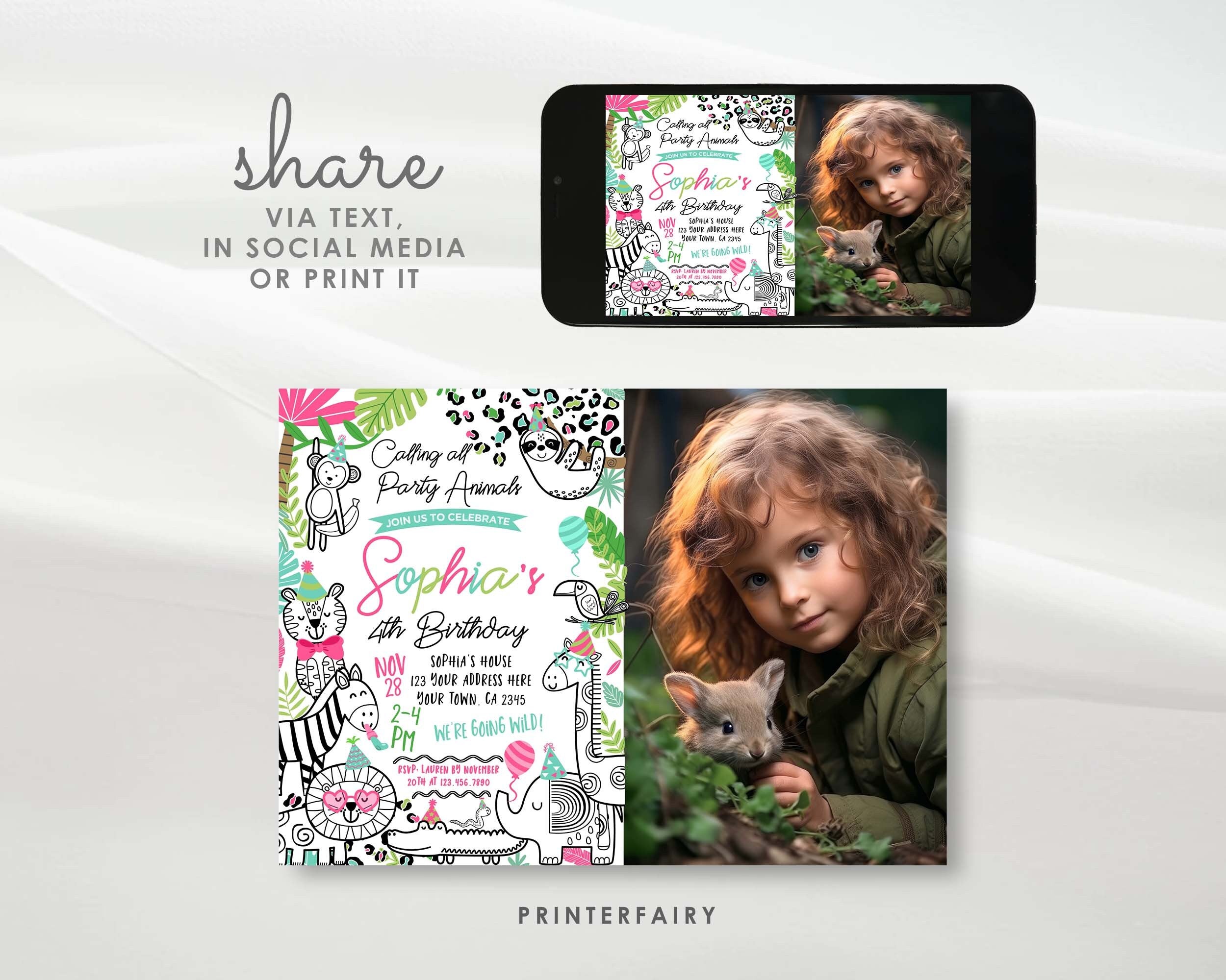 Safari Birthday Invitation, Jungle Animals, Photo, Editable (Digital Download)
