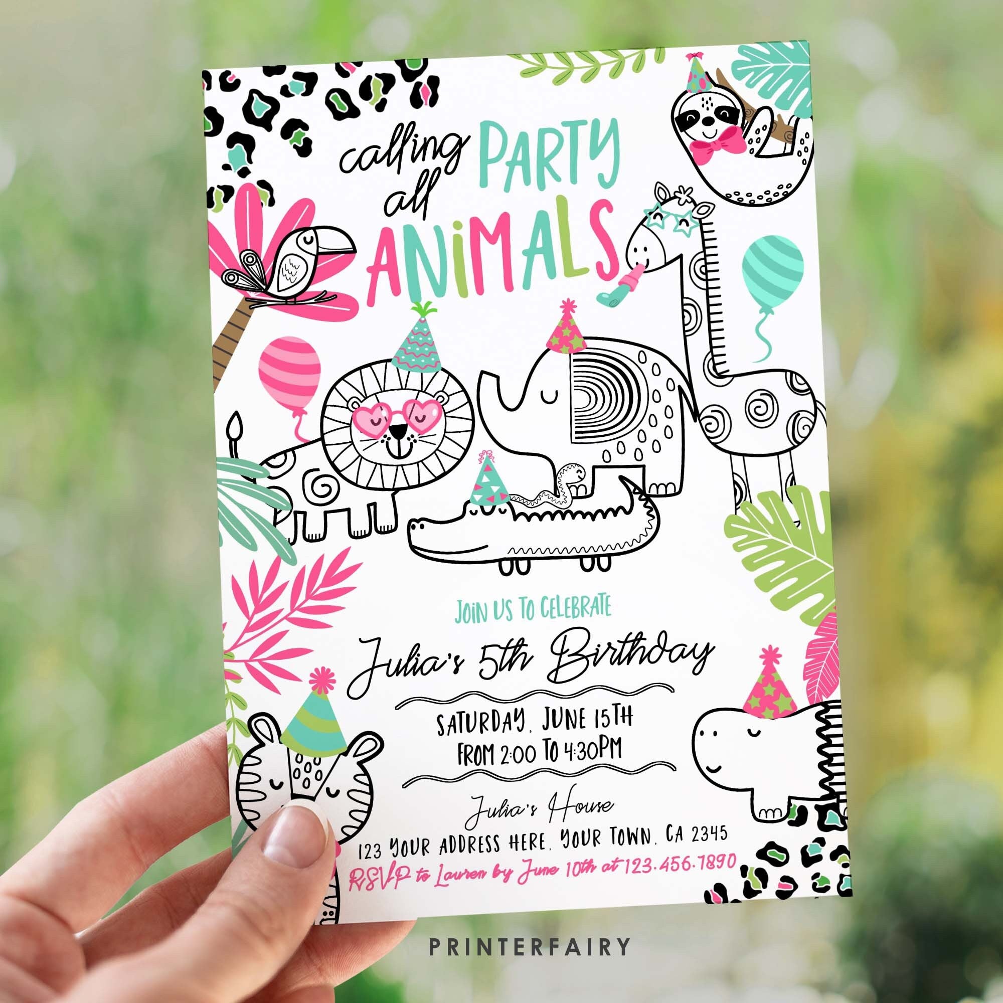 Jungle Animals Birthday Invitation, Safari Party, Editable (Digital Download)