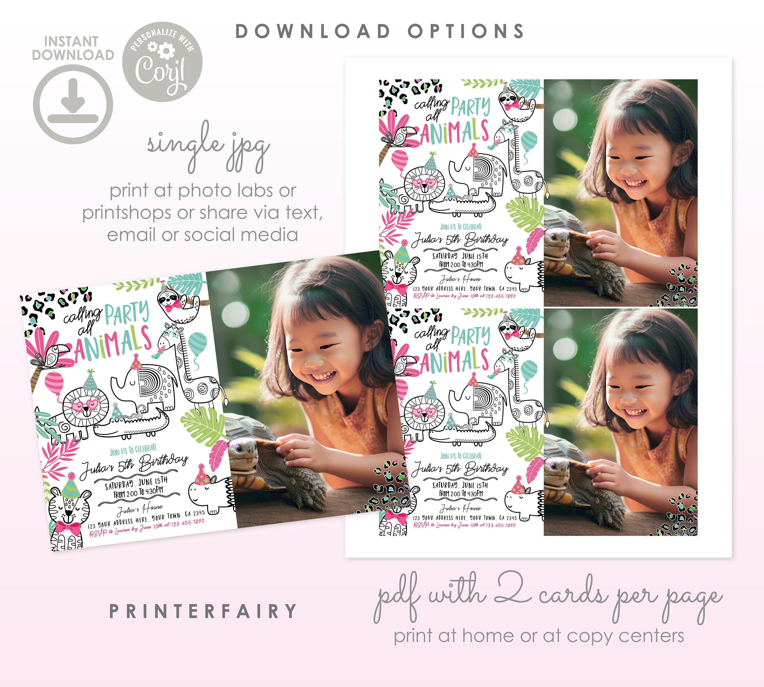 Jungle Animals Birthday Invitation with Photo (Digital Download)