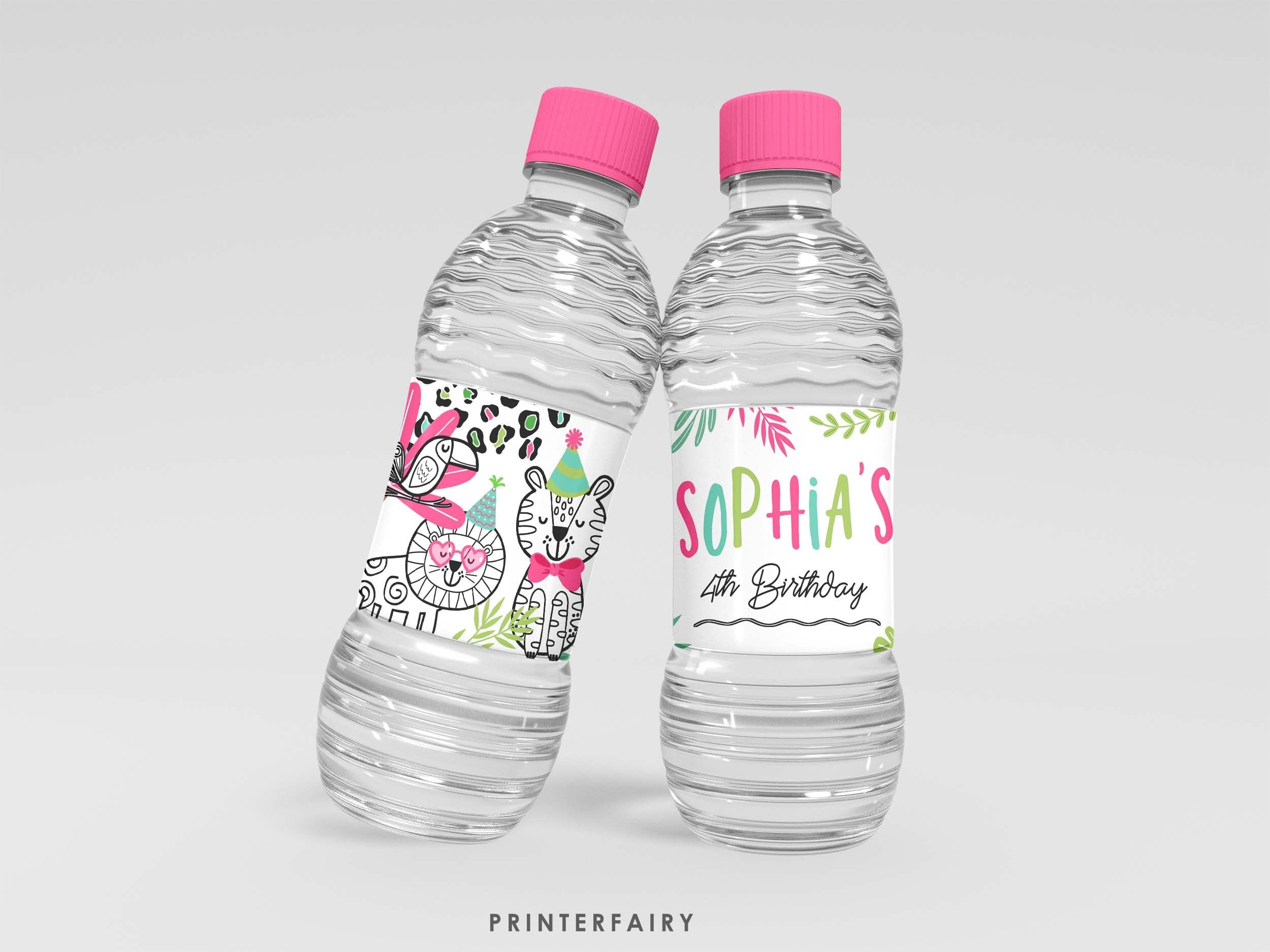 Jungle Animals Water Bottle Label, Safari Birthday Party (Editable Template)
