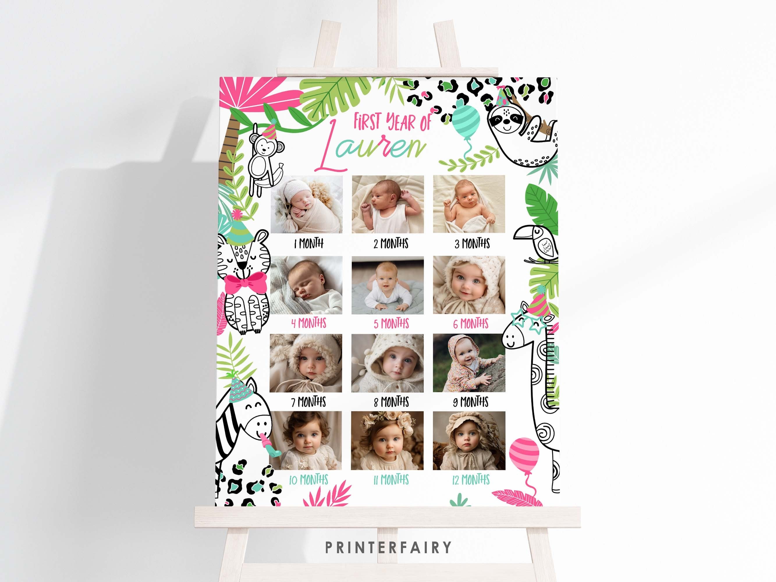 Wild One Birthday Photo Board, Jungle Animals (Instant Download)