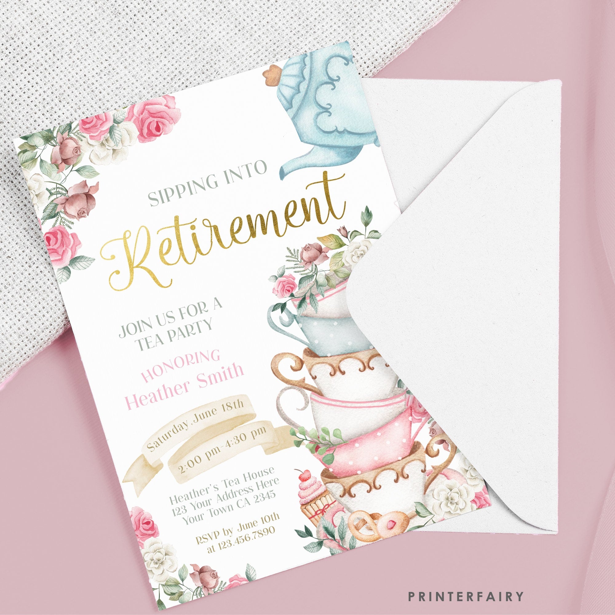 Tea Party Retirement Invitation, Floral Printable Invite (Editable)