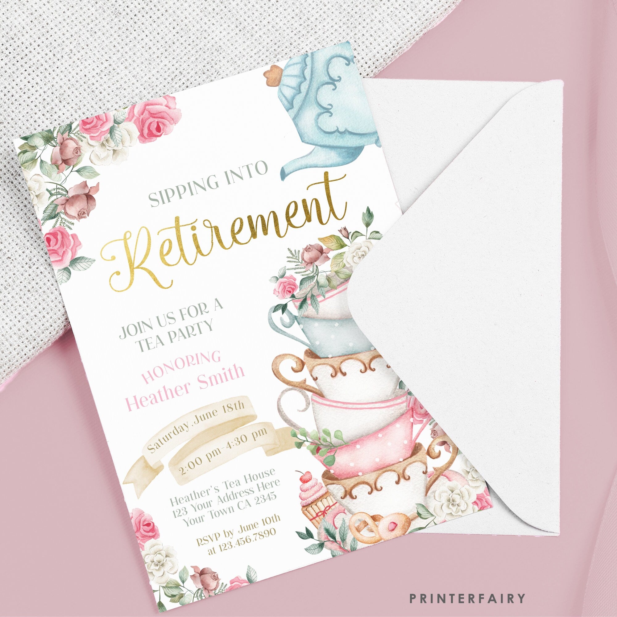 Tea Party Retirement Invitation, Floral Printable Invite (Editable)