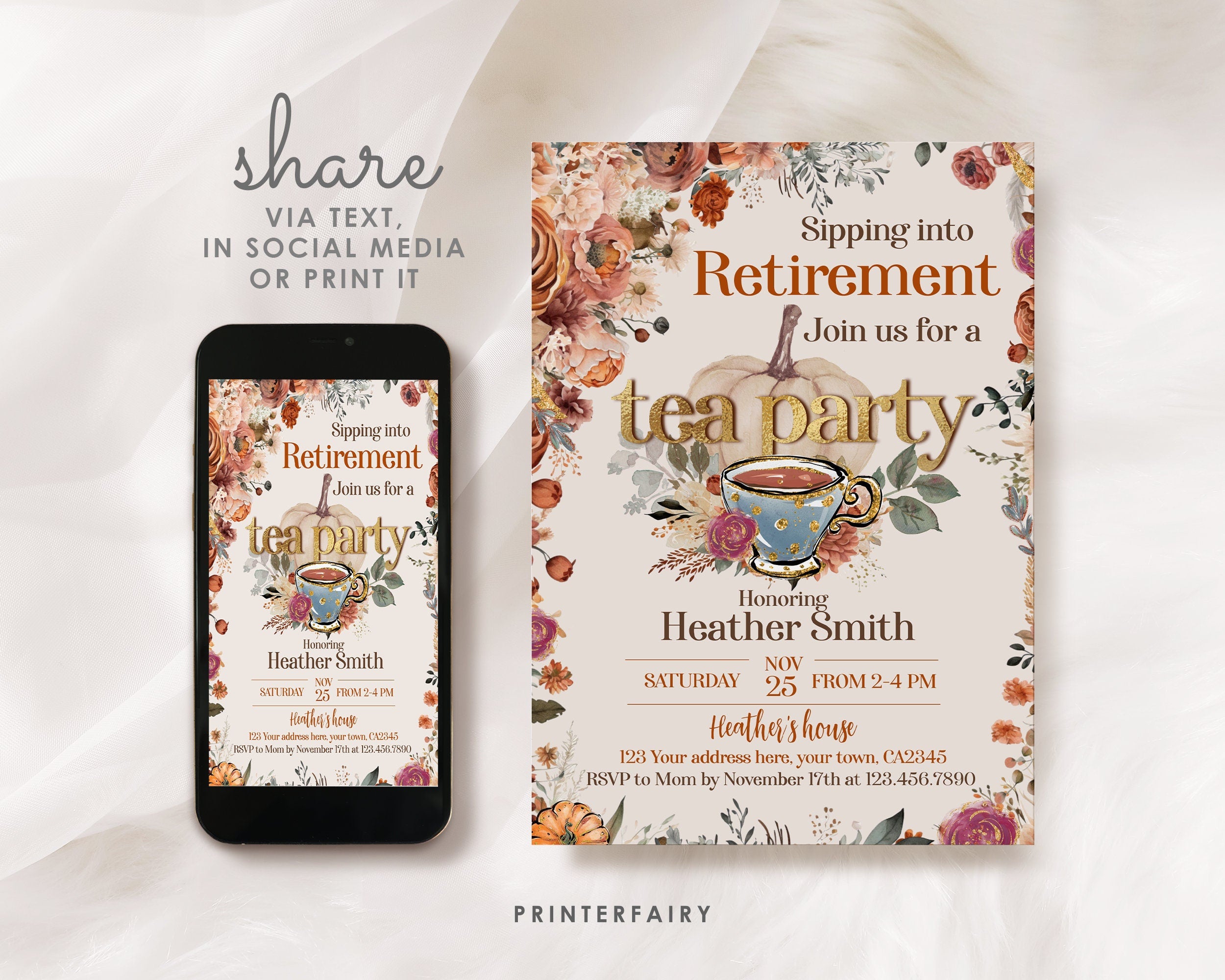 Fall Tea Party Retirement Invitation, Editable Template (Digital Download)
