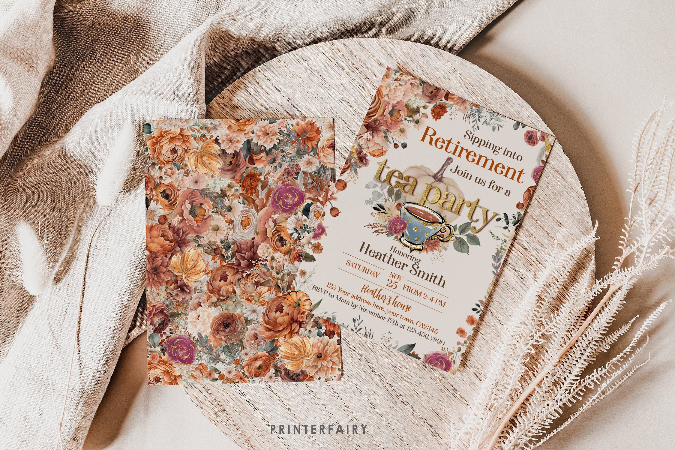 Fall Tea Party Retirement Invitation, Editable Template (Digital Download)