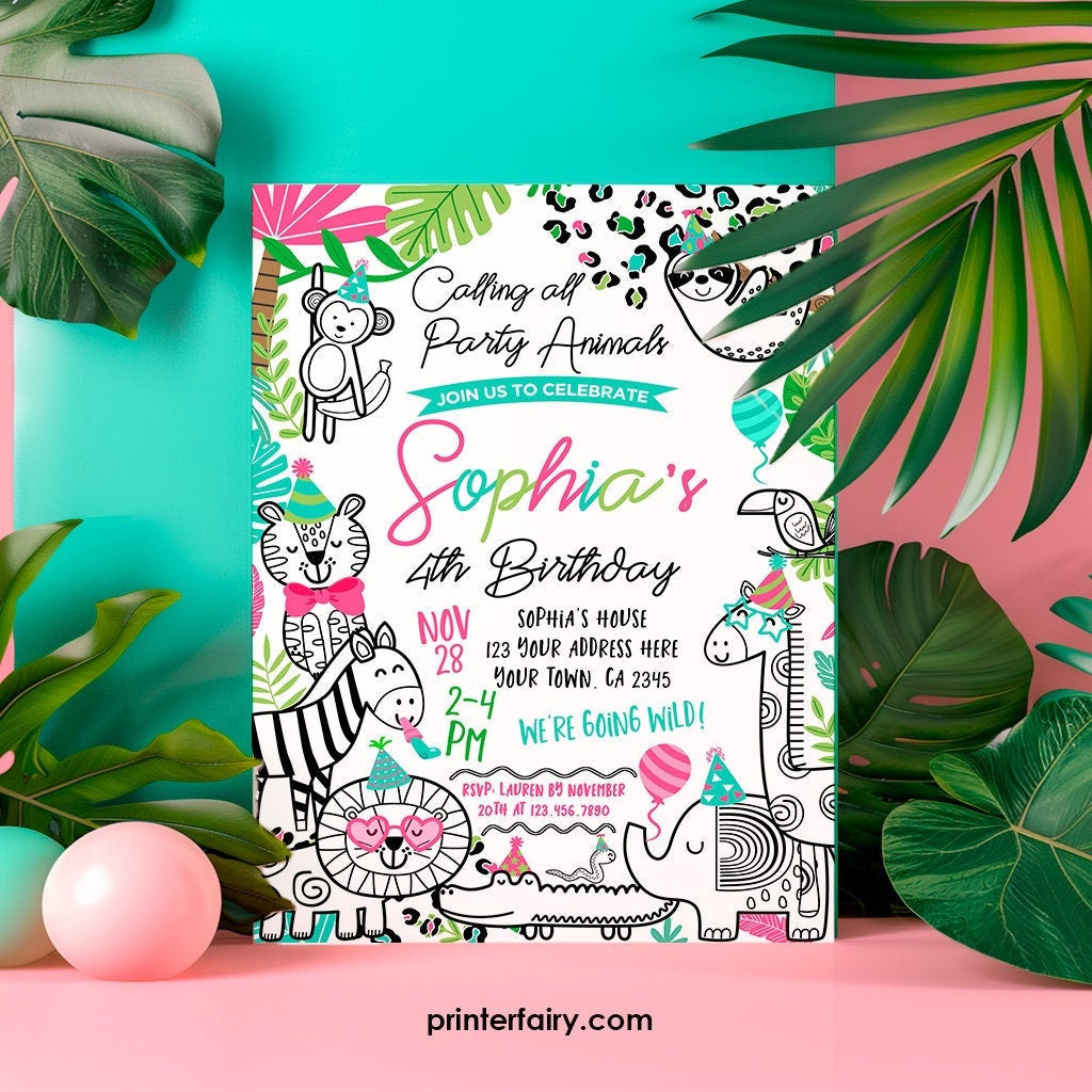 Party Animals Birthday Invitation, Safari Jungle Theme (Editable, Instant Download)
