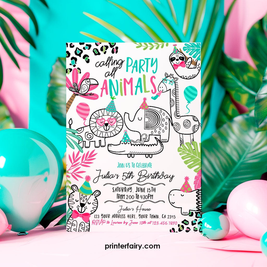 Jungle Animals Birthday Invitation, Safari Party, Editable (Digital Download)