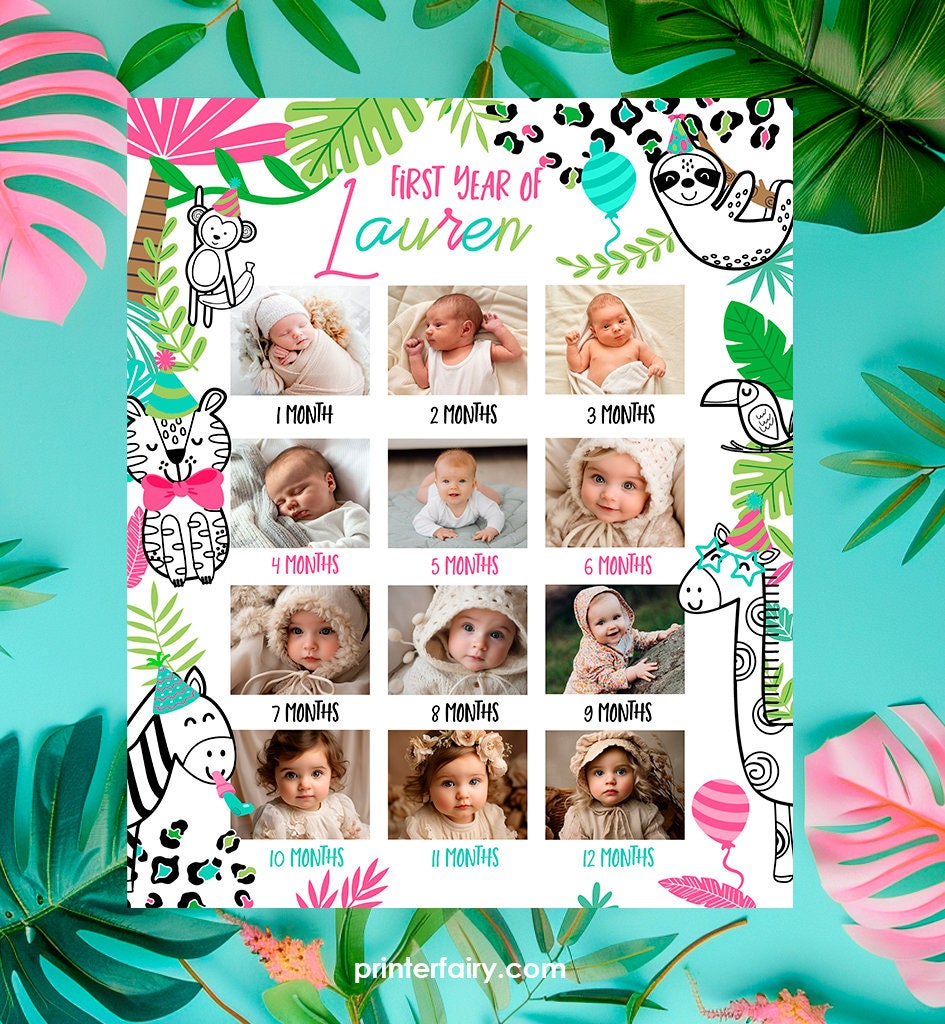 Wild One Birthday Photo Board, Jungle Animals (Instant Download)