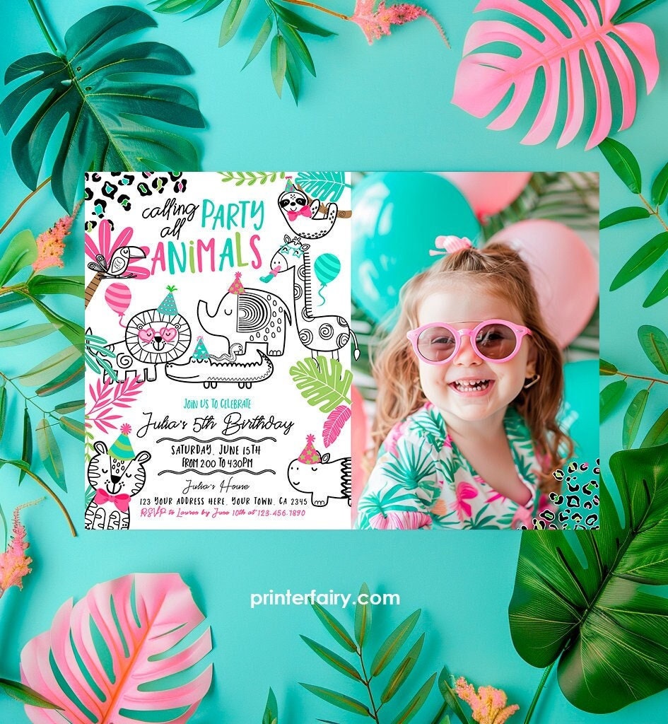 Jungle Animals Birthday Invitation with Photo (Digital Download)