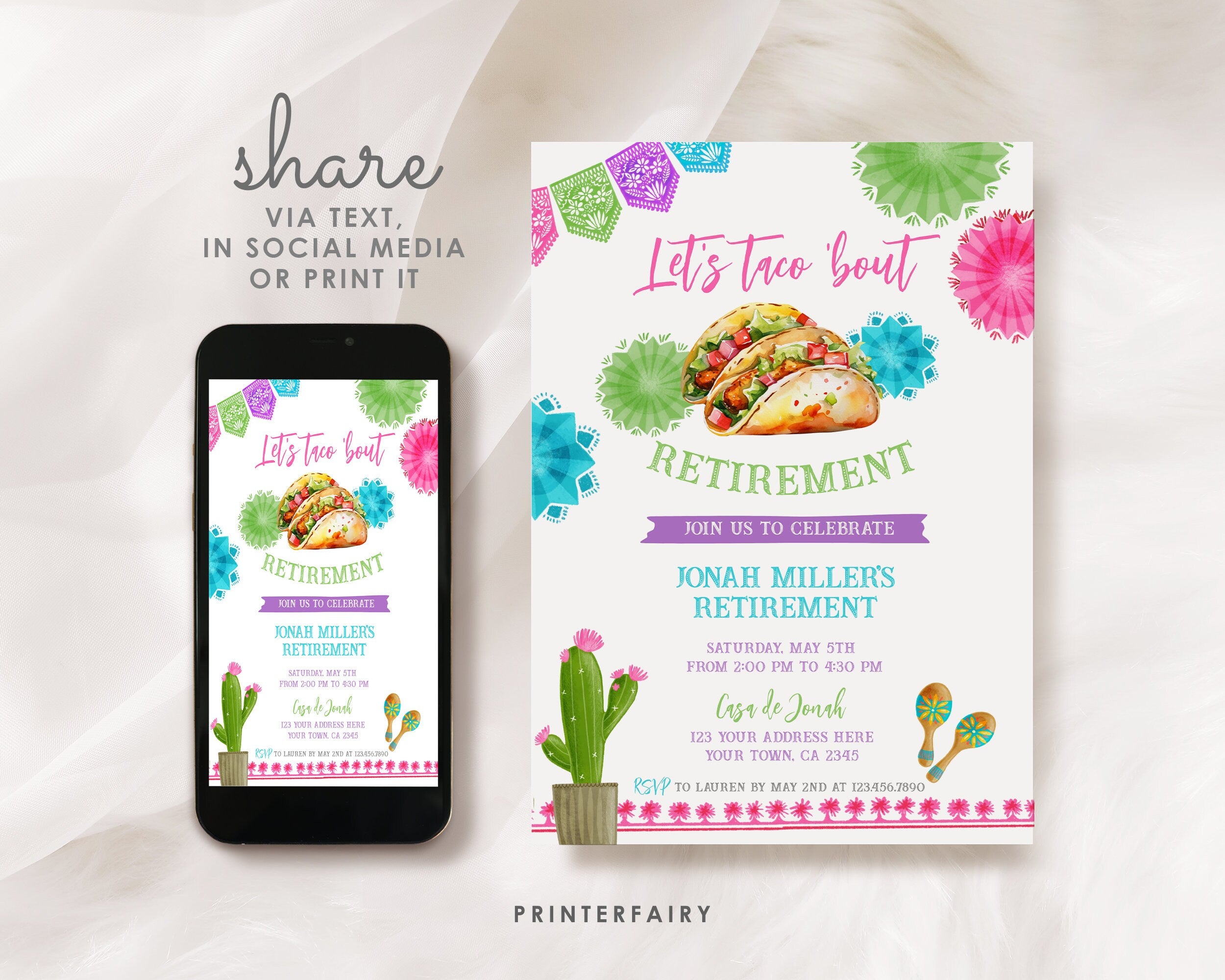 Taco Bout Retirement Invitation, Fiesta Party, Editable (Digital Download)