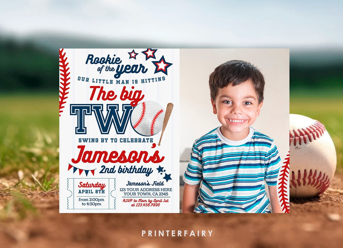 Baseball Second Birthday Invitation with Photo (Editable)