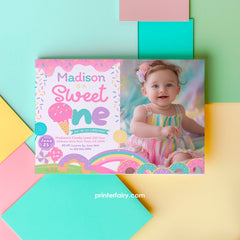 Candyland First Birthday Photo Invitation, Sweet One, Sprinkles (Instant Download)
