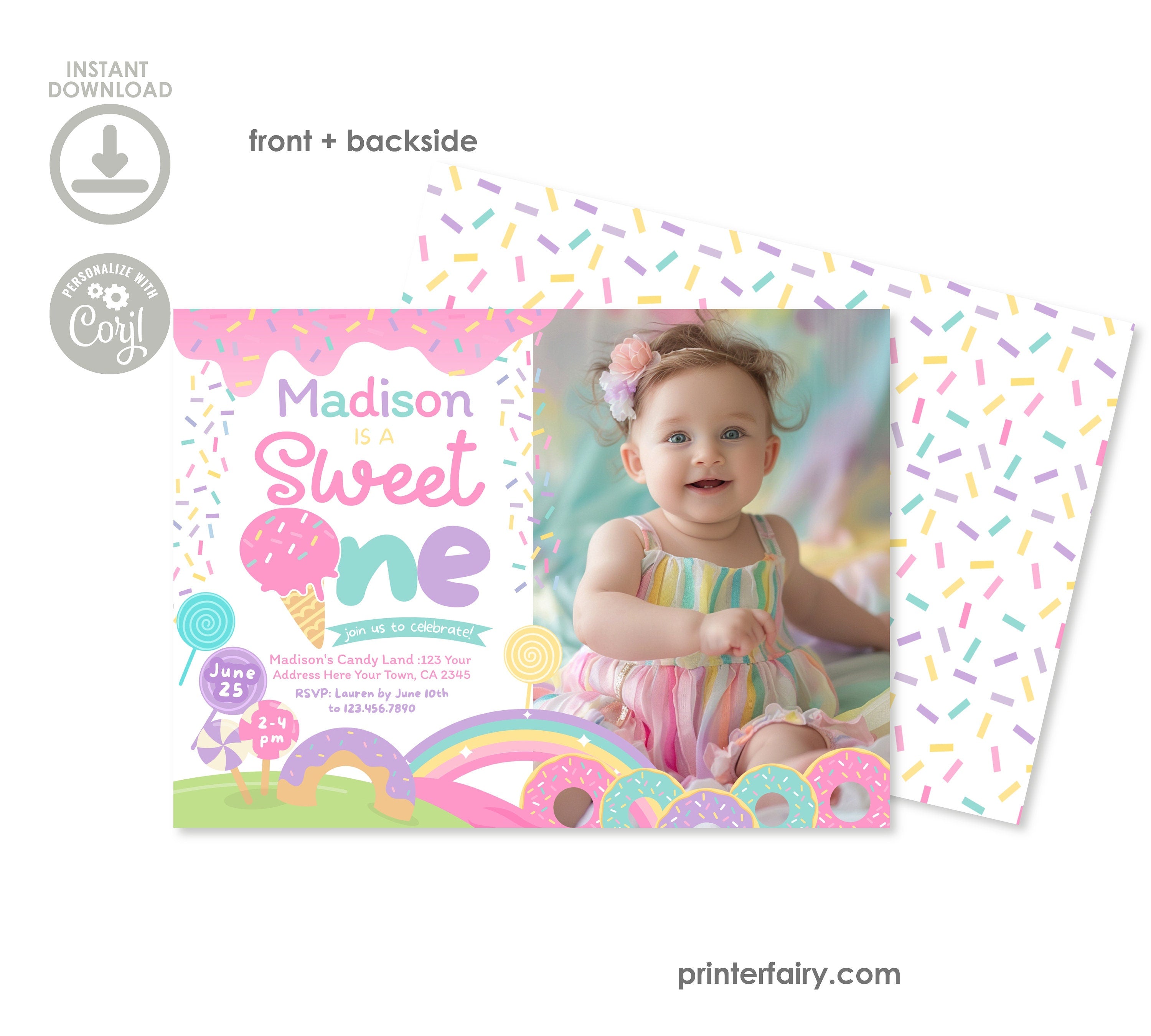 Candyland First Birthday Photo Invitation, Sweet One, Sprinkles (Instant Download)
