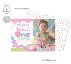 Candyland First Birthday Photo Invitation, Sweet One, Sprinkles (Instant Download)