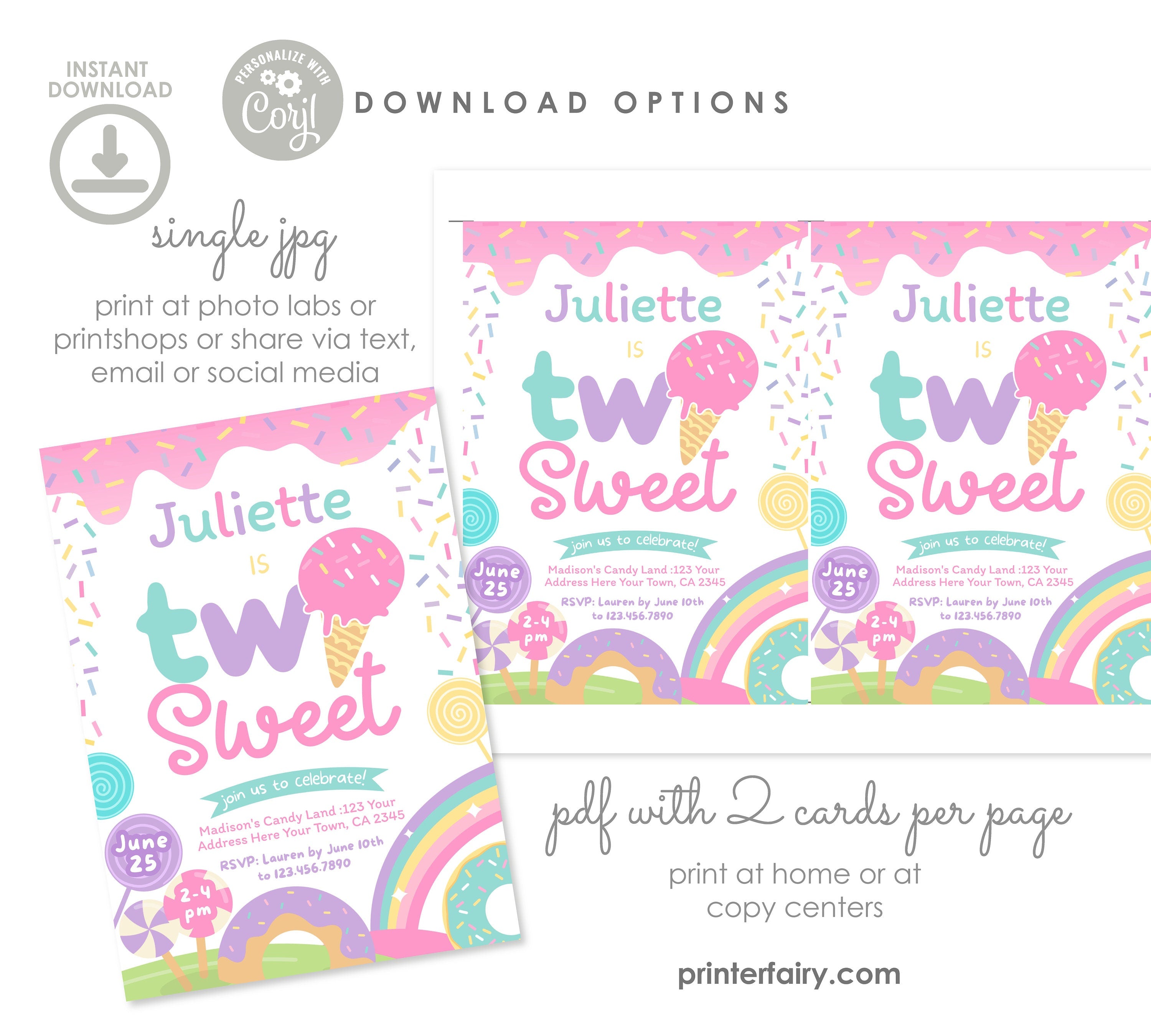 Candyland Two Sweet Invitation, Ice Cream Donut Birthday (Editable Digital)