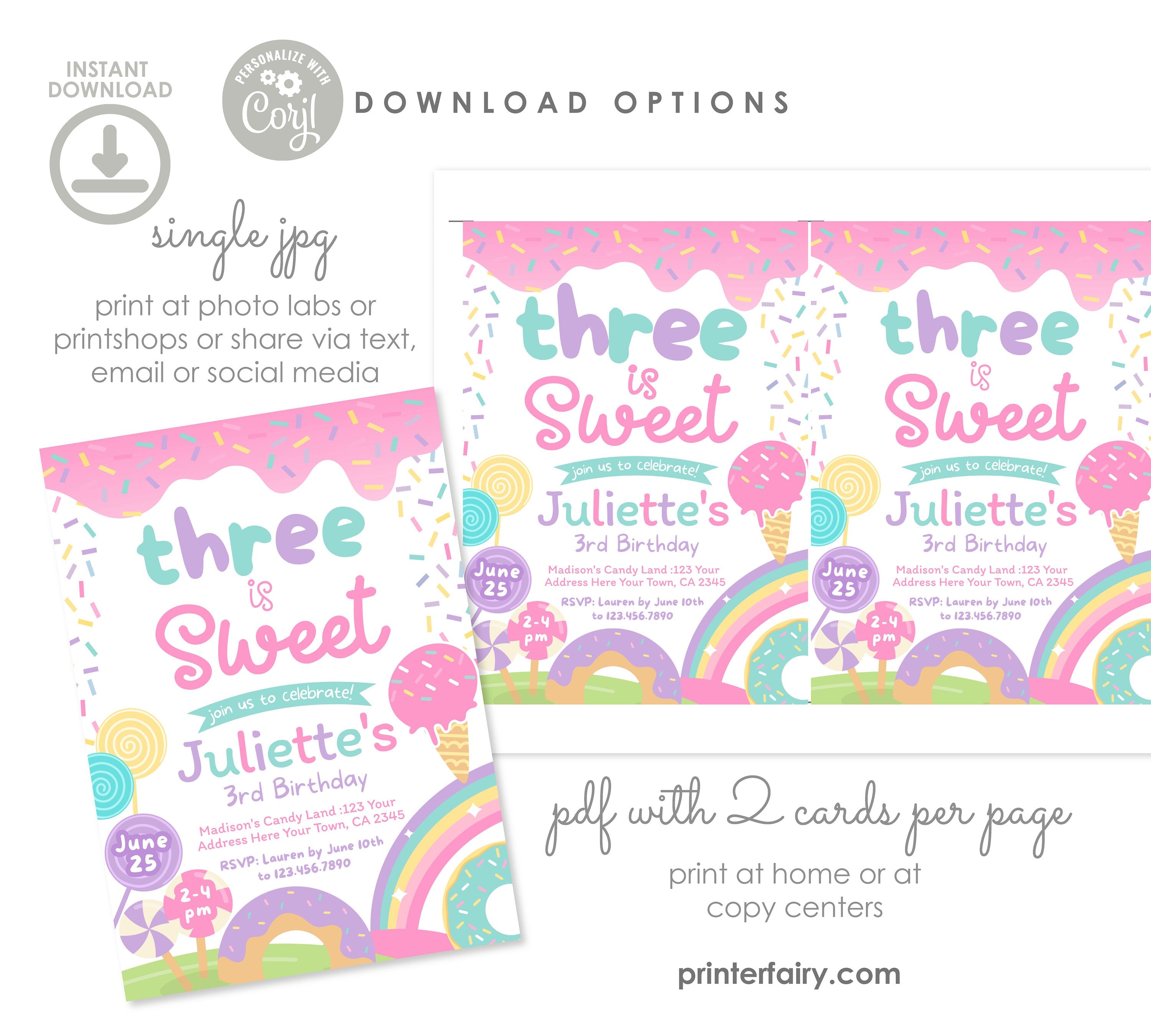 Candyland Third Birthday Invitation, Rainbow Sprinkles (Editable)