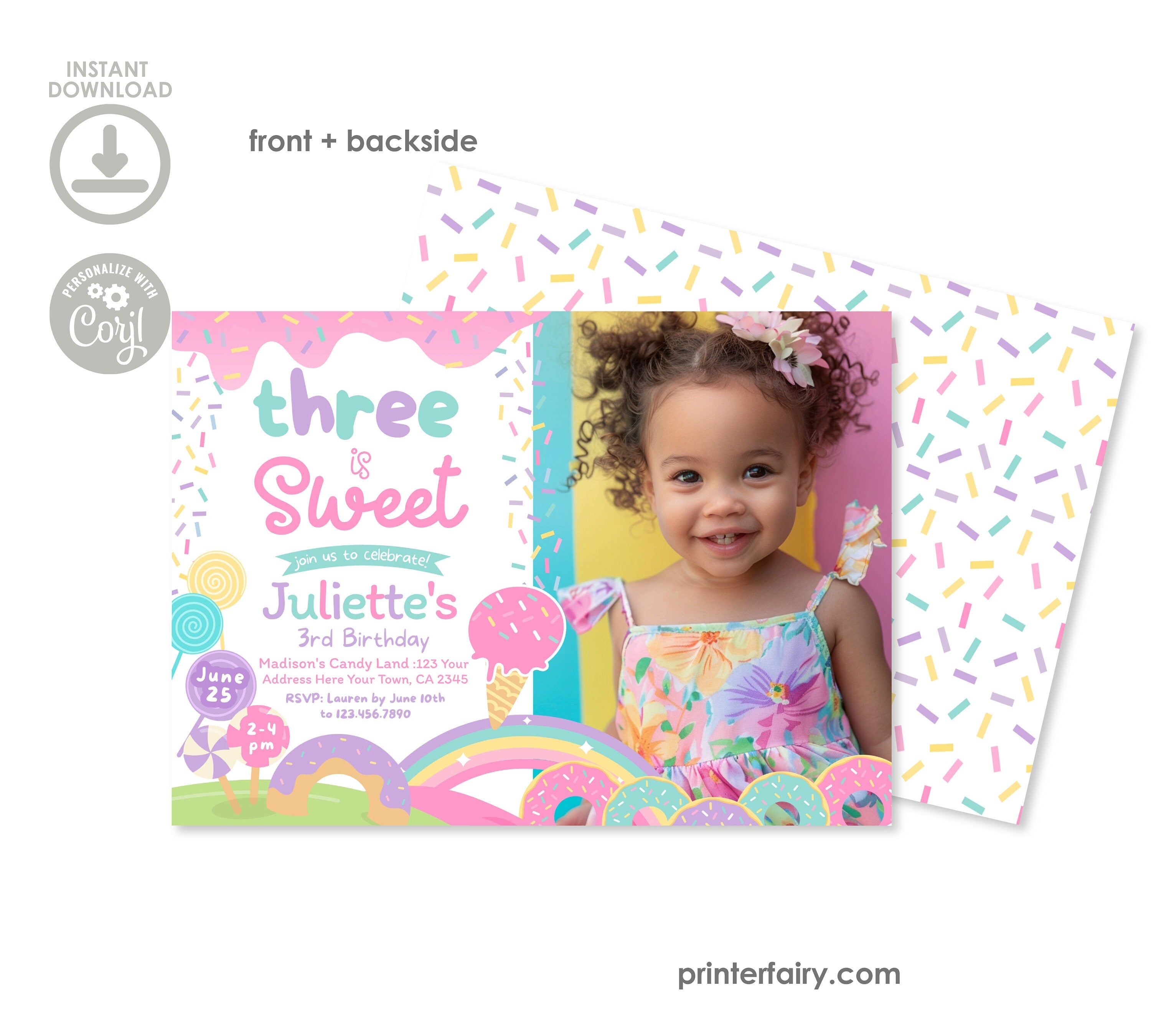 Candyland 3rd Birthday Invitation, Rainbow Sprinkle, Photo Invite (Digital)