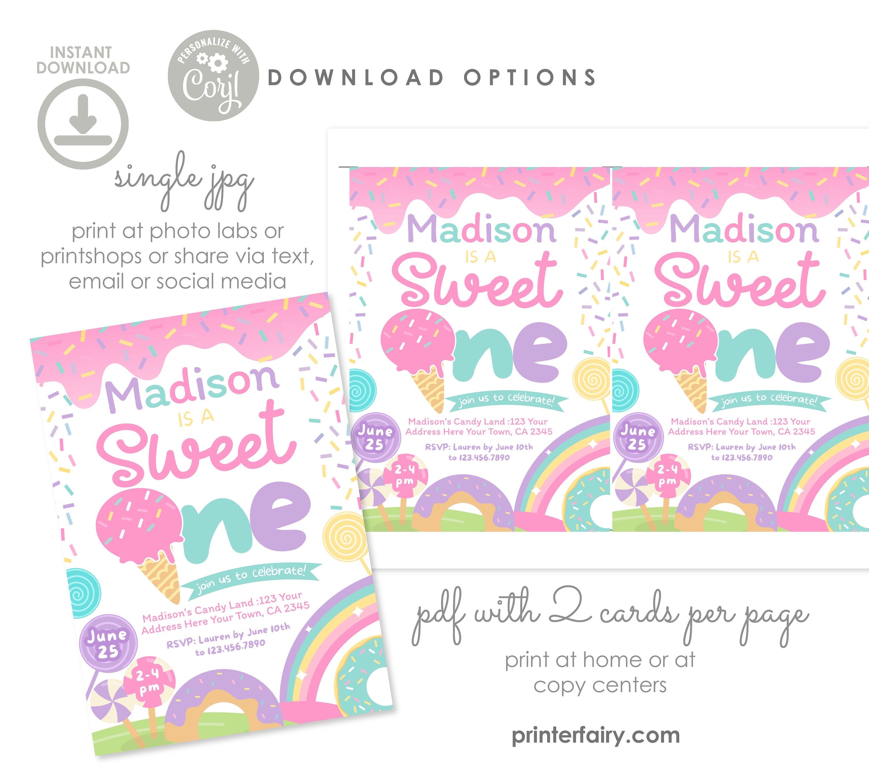 Editable Candyland First Birthday Invitation, Sweet One, Sprinkles (INSTANT DOWNLOAD)