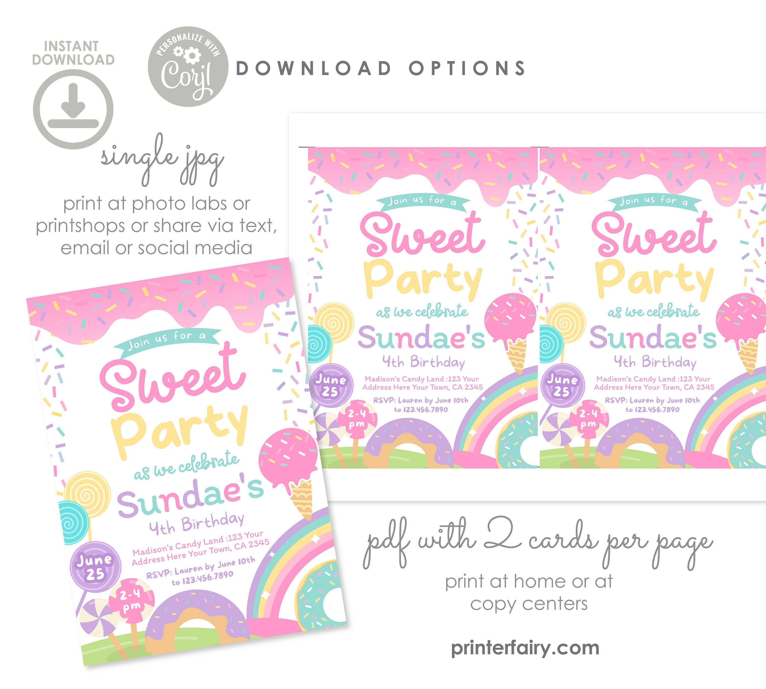 Candyland Birthday Invitation, Ice Cream, Donut, Popsicle (Editable Digital)