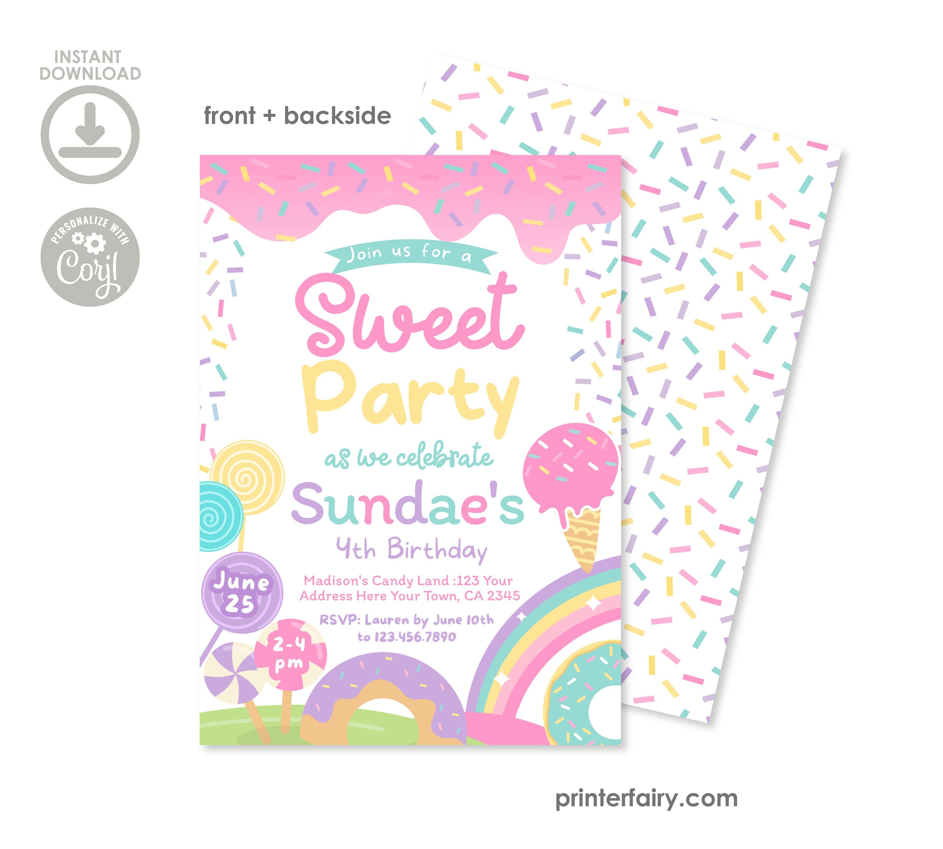 Candyland Birthday Invitation, Ice Cream, Donut, Popsicle (Editable Digital)