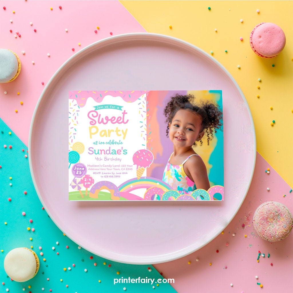 Candyland Birthday Invitation with Photo, Editable Ice Cream Sprinkle Invite