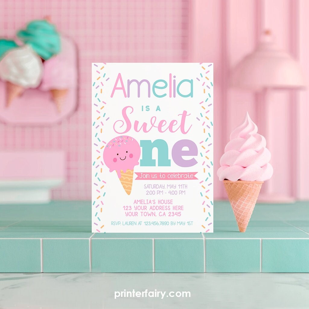 Ice Cream First Birthday Invitation, EDITABLE Sweet One (Digital)
