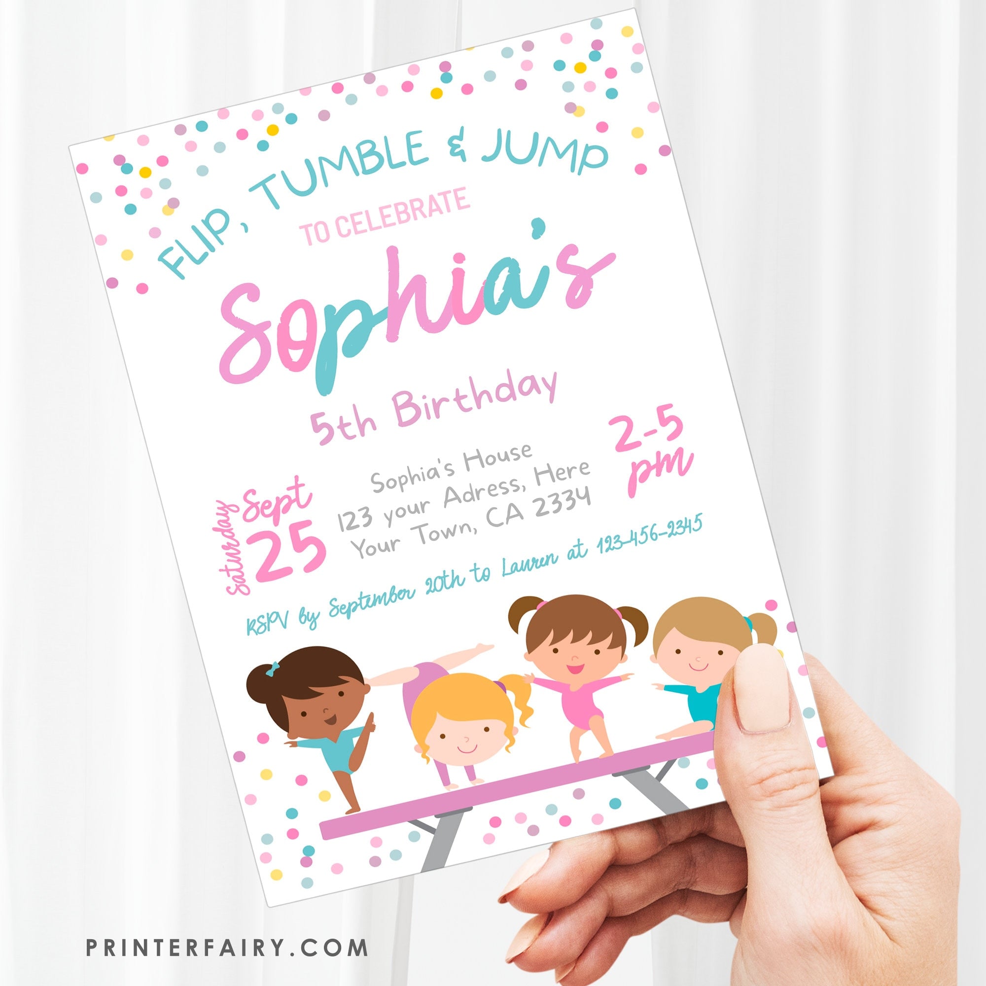 Gymnastics Birthday Party Invitation, Editable Template (Instant Download)