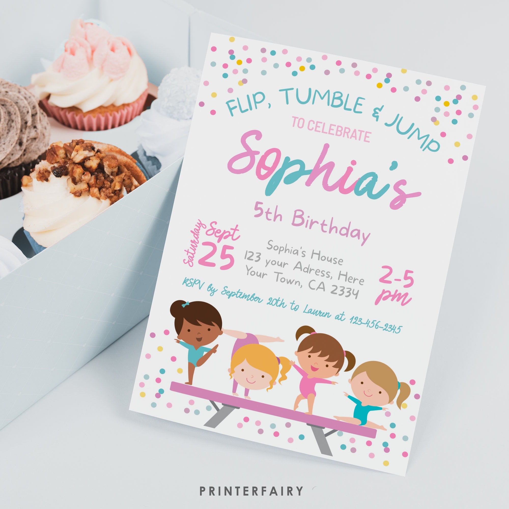 Gymnastics Birthday Party Invitation, Editable Template (Instant Download)