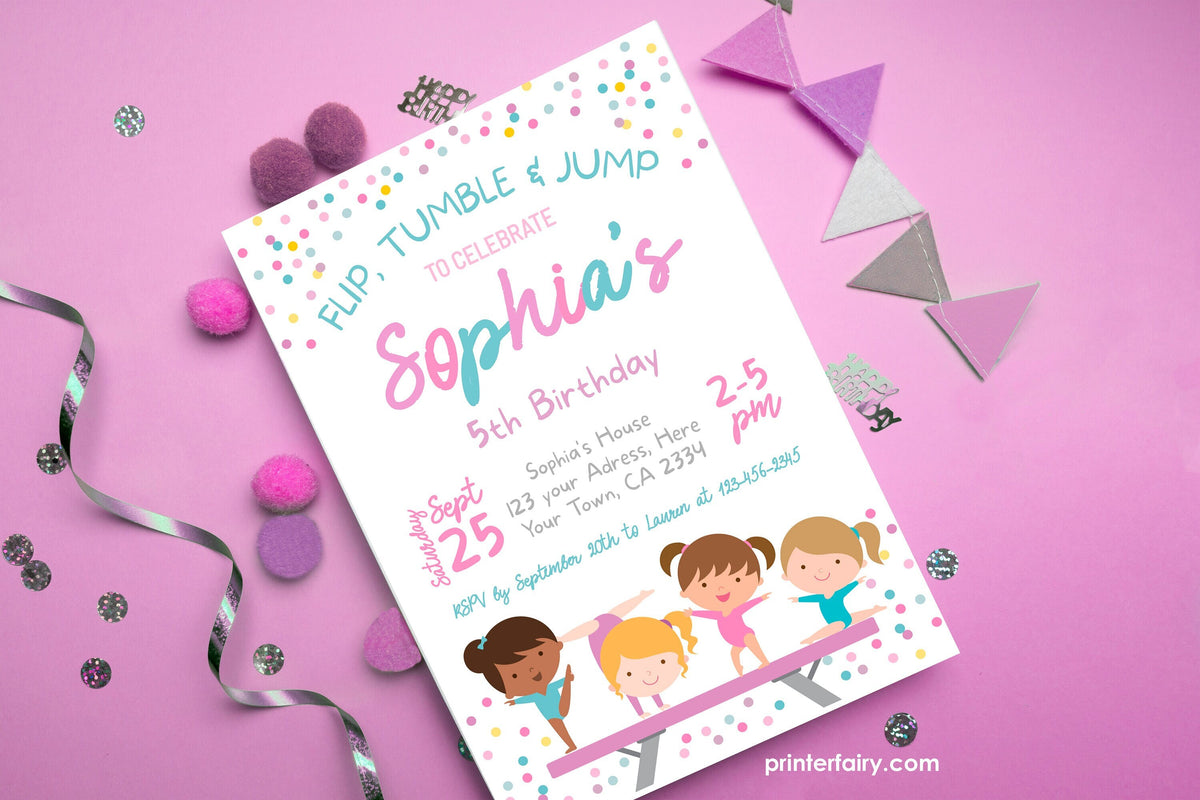 Gymnastics Birthday Party Invitation, Editable Template (Instant Download)