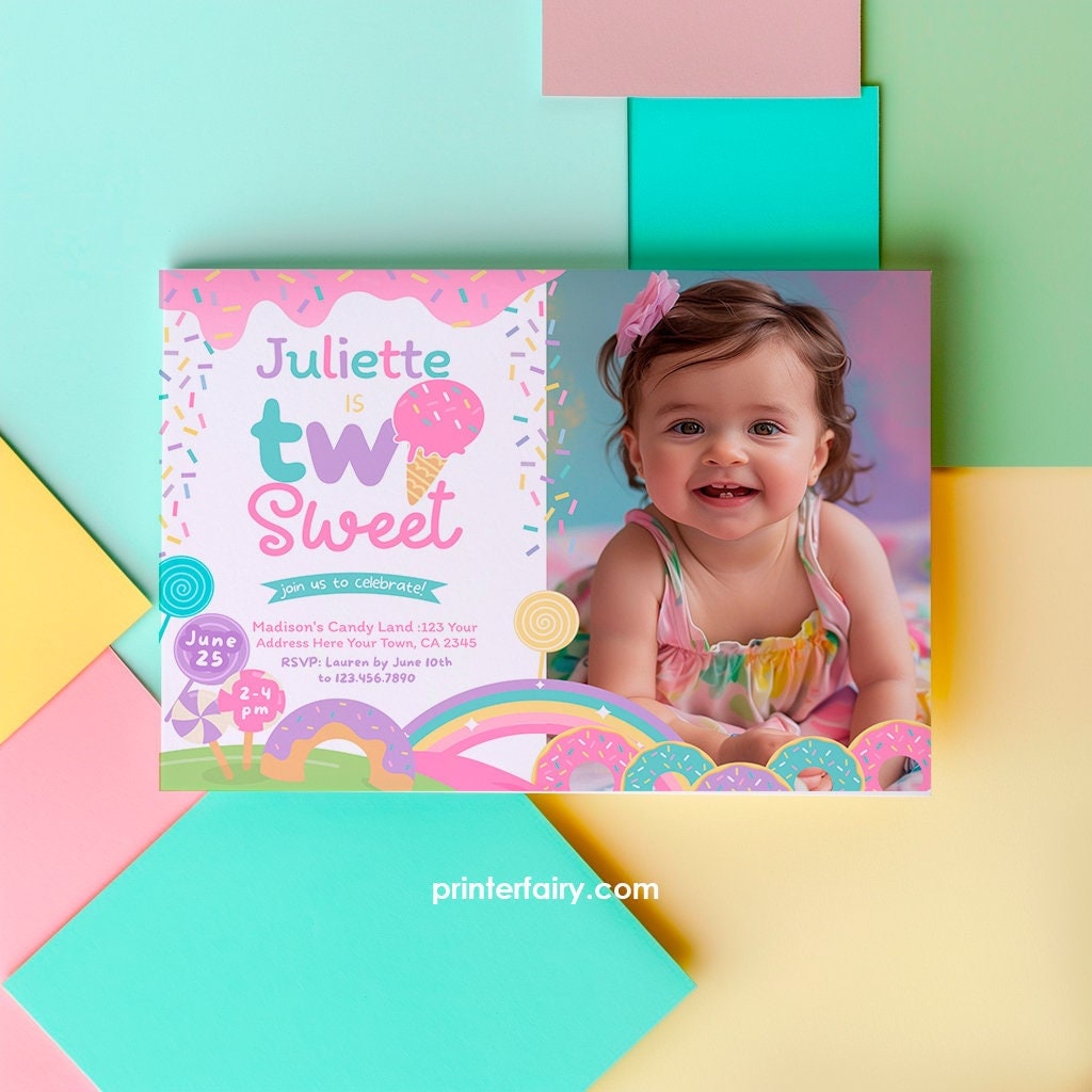 Two Sweet Photo Invitation, Candyland 2nd Birthday (Digital)