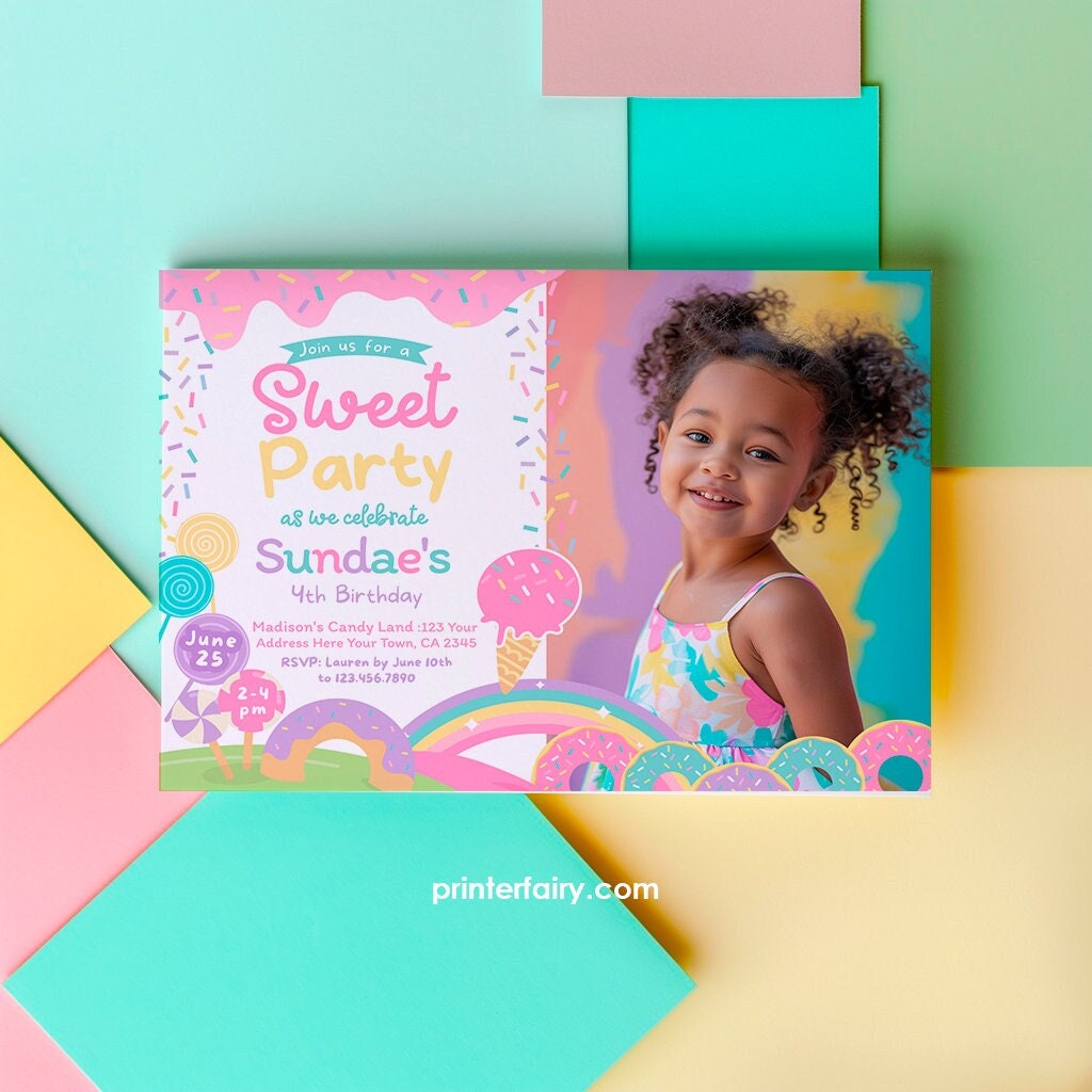 Candyland Birthday Invitation with Photo, Editable Ice Cream Sprinkle Invite
