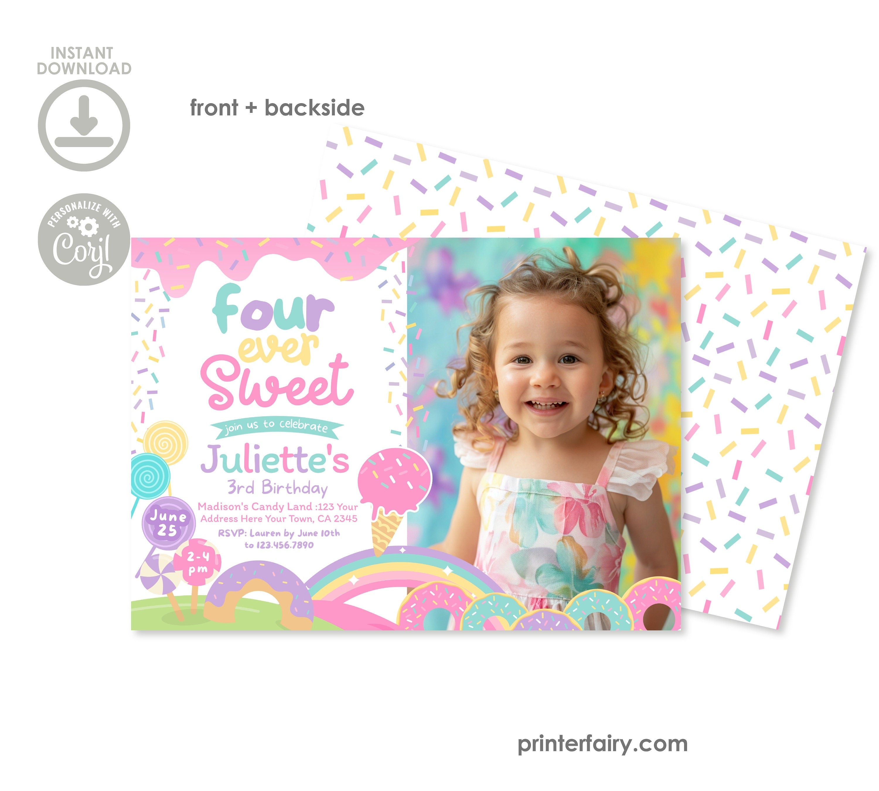 Candyland 4th Birthday Invitation, Rainbow Sprinkles, Photo (Digital)