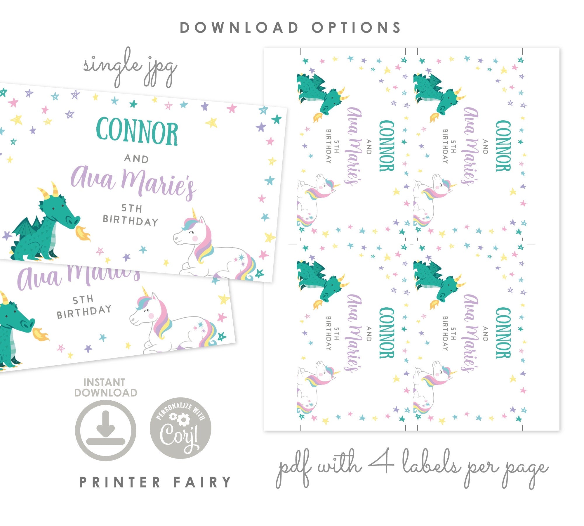 Unicorn and Dragon Gable Box Label, Joint Birthday Party (INSTANT DOWNLOAD)