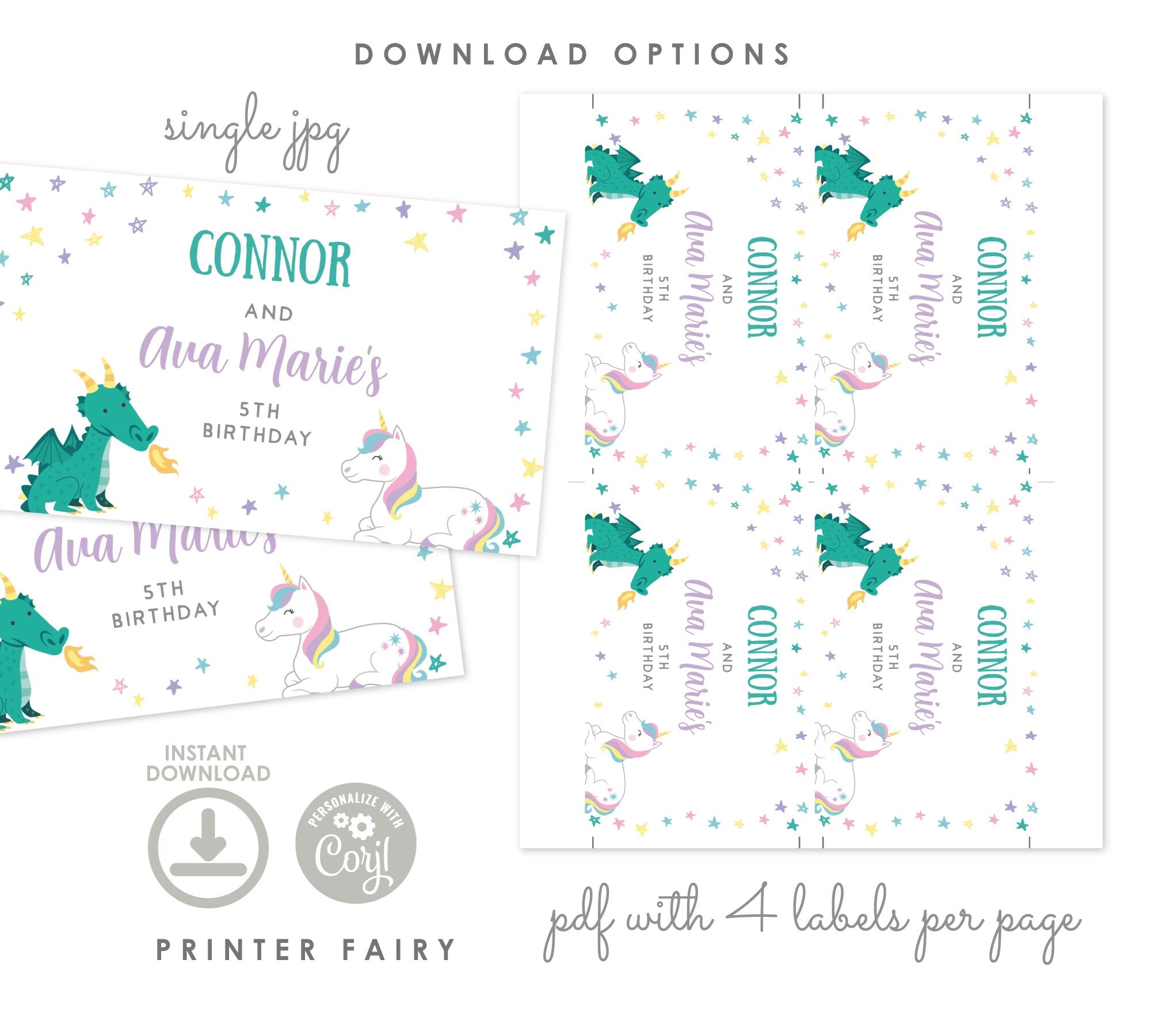 Unicorn and Dragon Gable Box Label, Joint Birthday Party (INSTANT DOWNLOAD)
