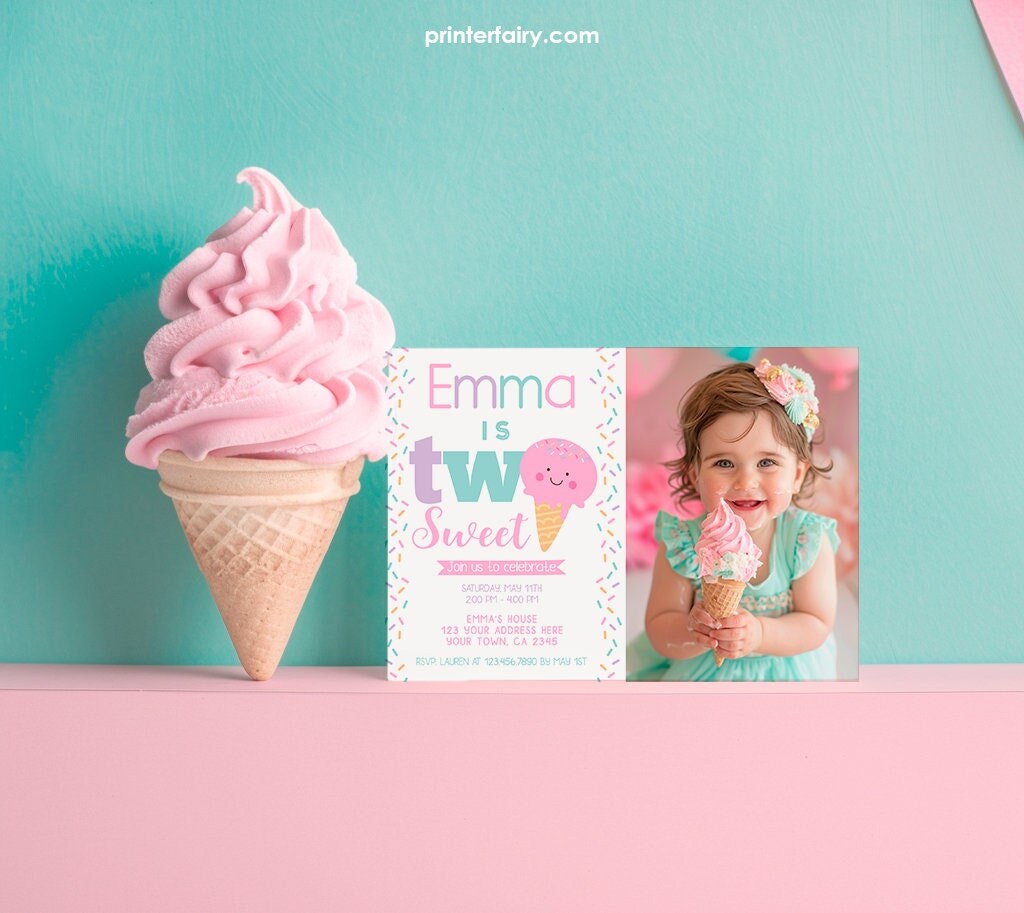 Two Sweet Ice Cream 2nd Birthday Invitation with Photo (Editable with Corjl)