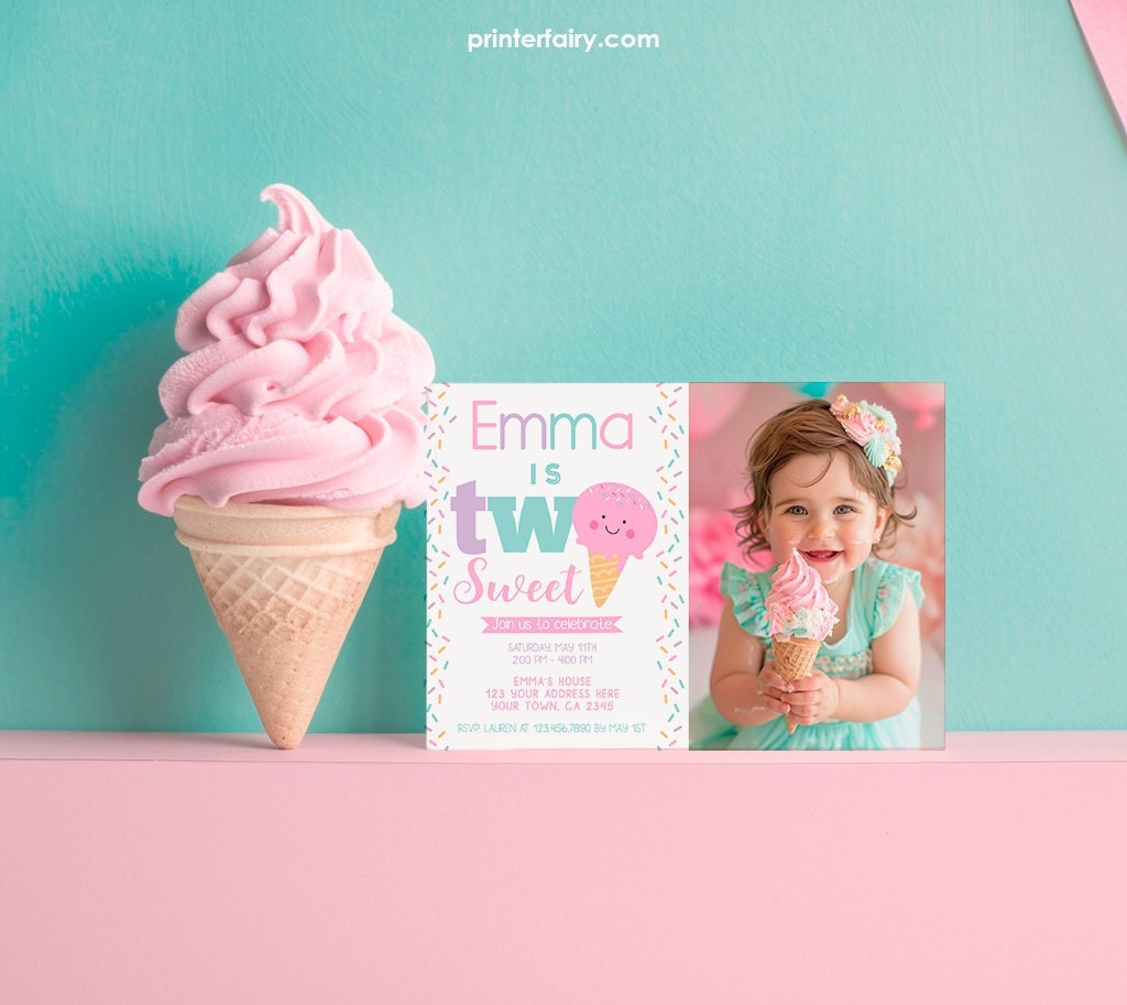 Two Sweet Ice Cream 2nd Birthday Invitation with Photo (Editable with Corjl)