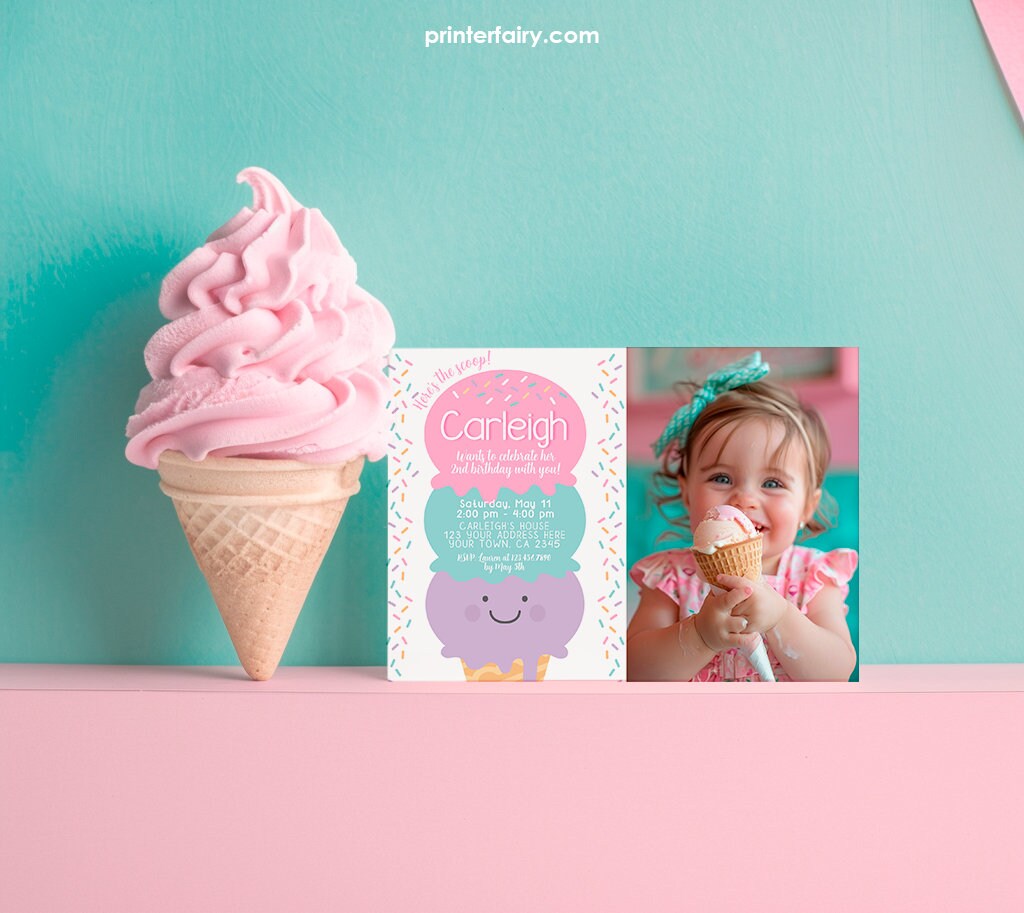 Editable Ice Cream Birthday Invitation with Photo (Digital Invite)
