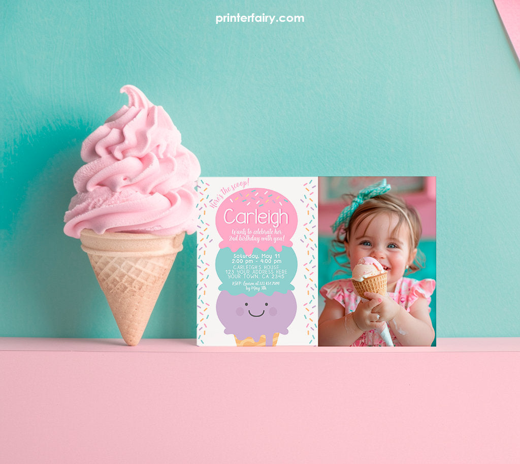 Editable Ice Cream Birthday Invitation with Photo (Digital Invite)