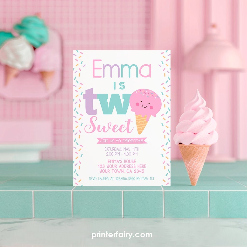 Ice Cream 2nd Birthday Invitation, Two Sweet Party (Digital Invite)