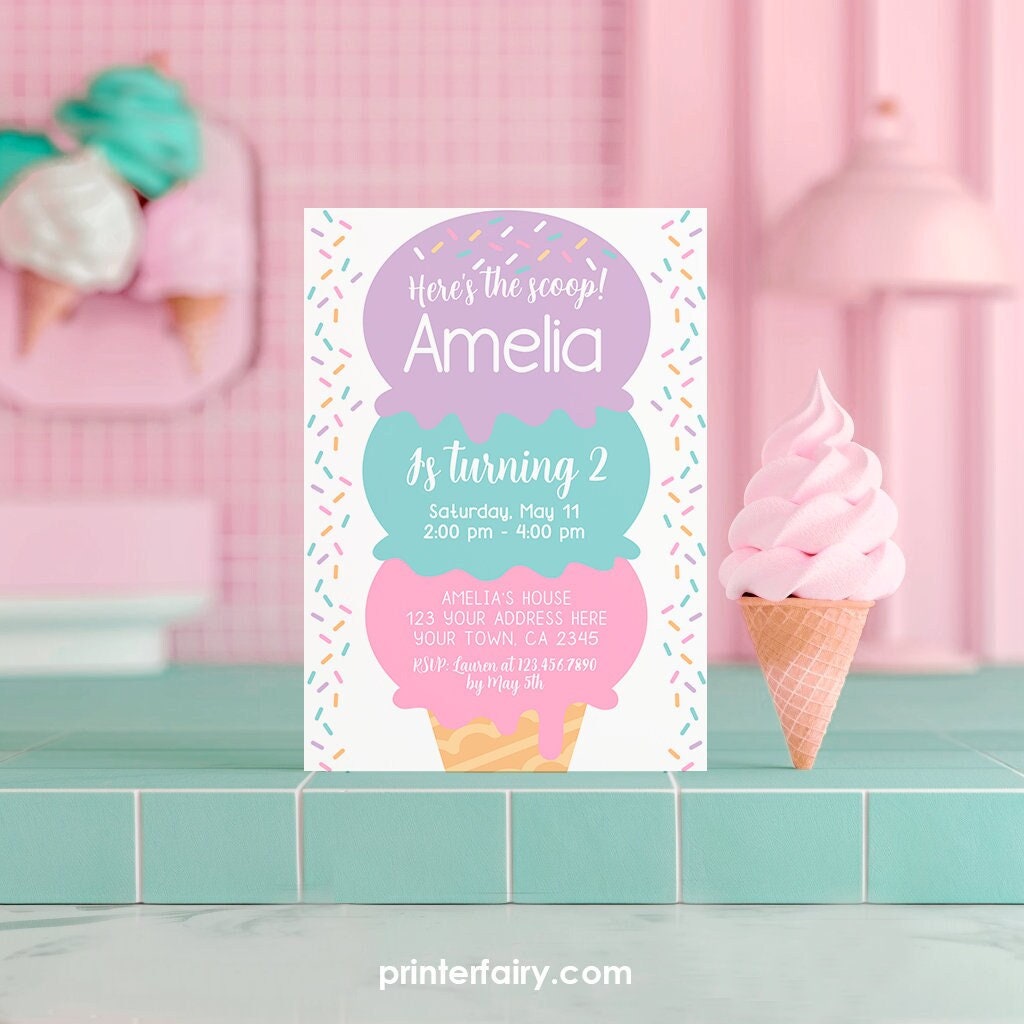 Ice Cream Birthday Party Invitation EDITABLE Template for any age, INSTANT DOWNLOAD