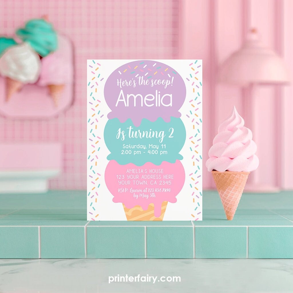 Ice Cream Birthday Party Invitation EDITABLE Template for any age, INSTANT DOWNLOAD