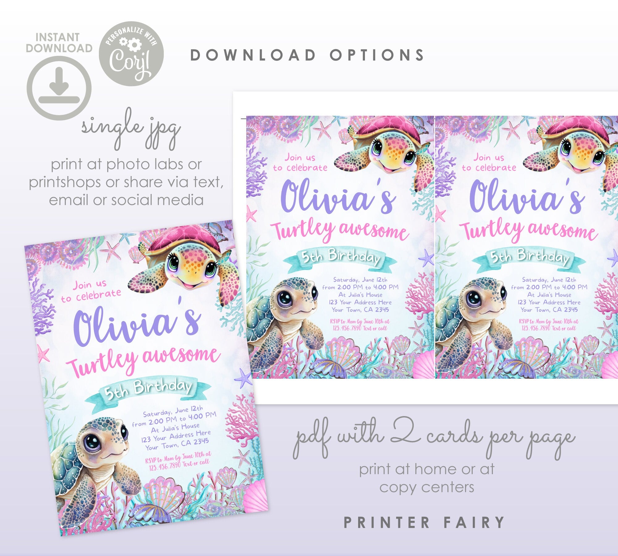 Sea Turtle Birthday Invitation, Under the Sea Party, Editable Template (Instant Download)
