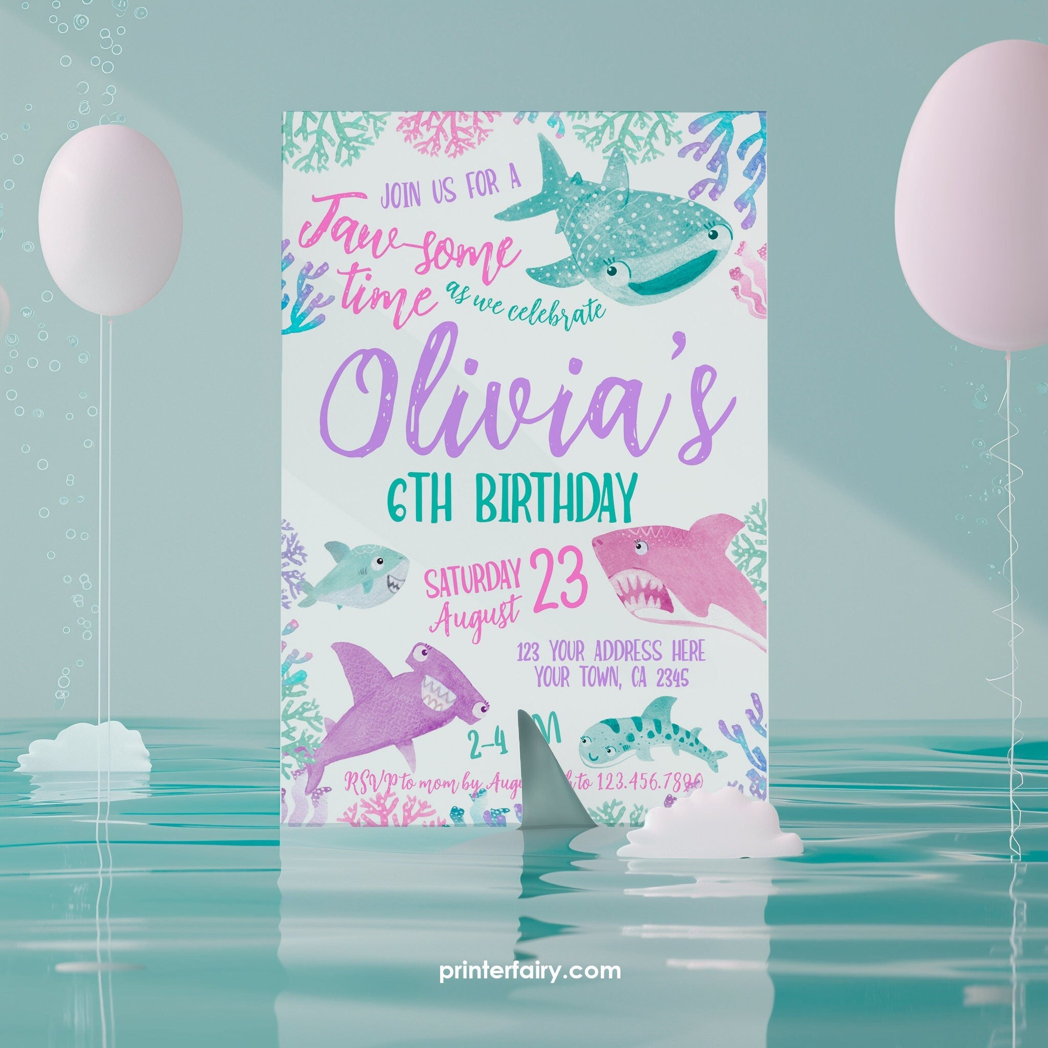 Shark Girl Birthday Invitation, Under the Sea, Editable (Digital Download)