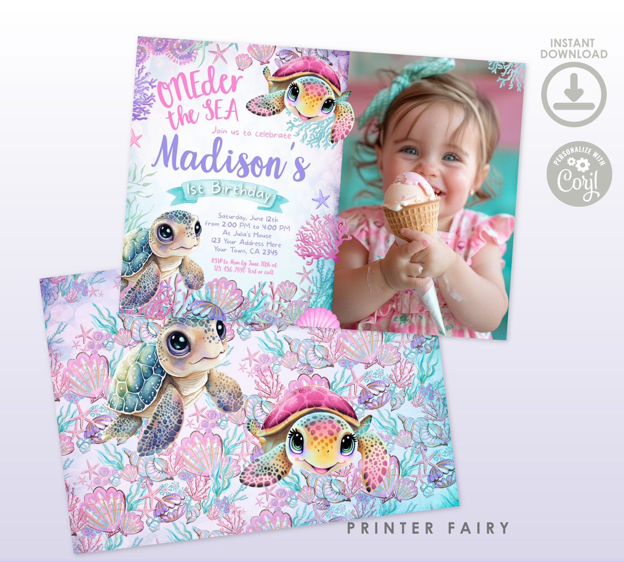 Sea Turtle Birthday Invitation with Photo, Under the Sea Party Invite (Digital Download)