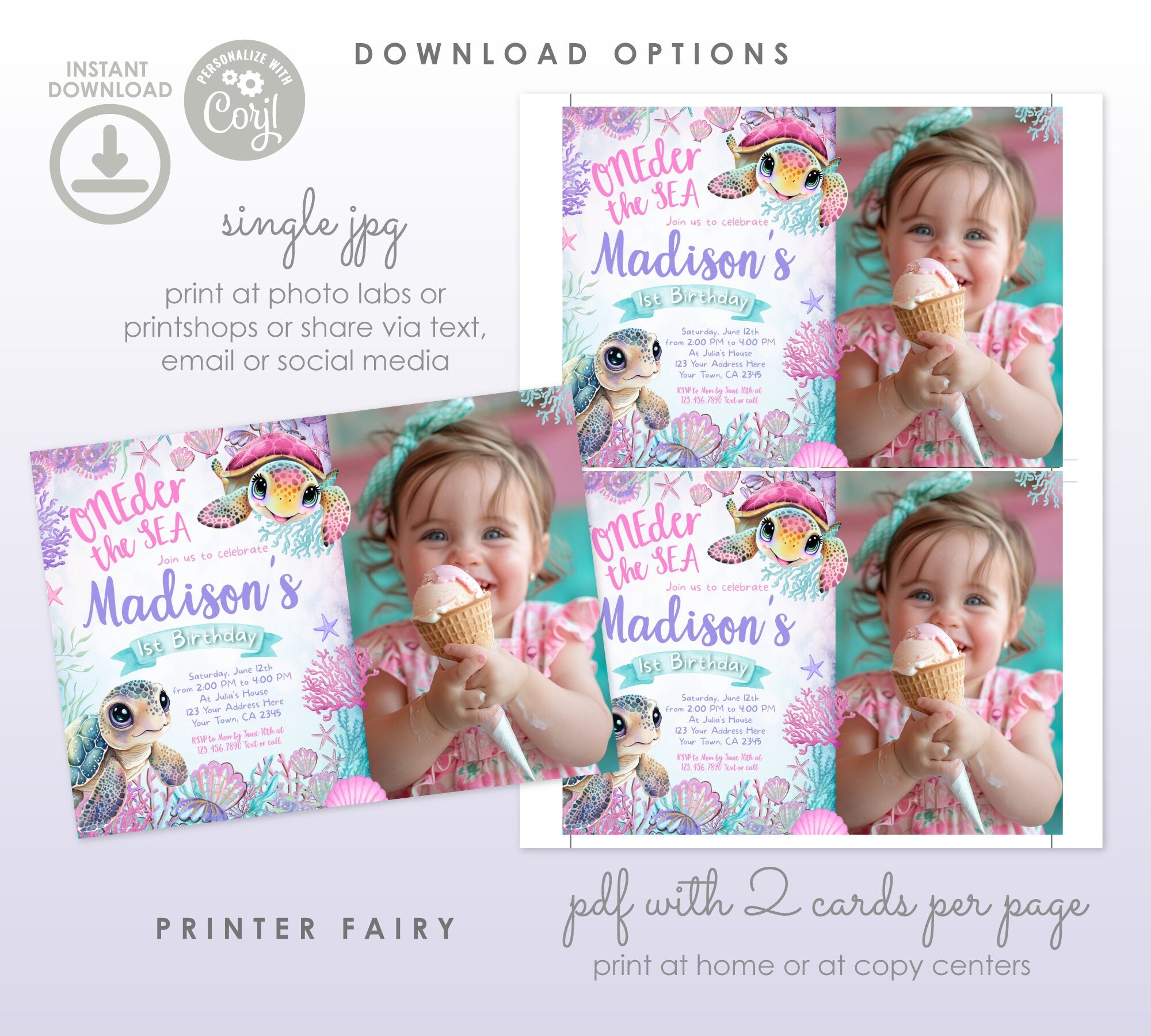 Sea Turtle Birthday Invitation with Photo, Under the Sea Party Invite (Digital Download)