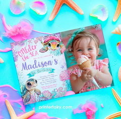 Sea Turtle Birthday Invitation with Photo, Under the Sea Party Invite (Digital Download)