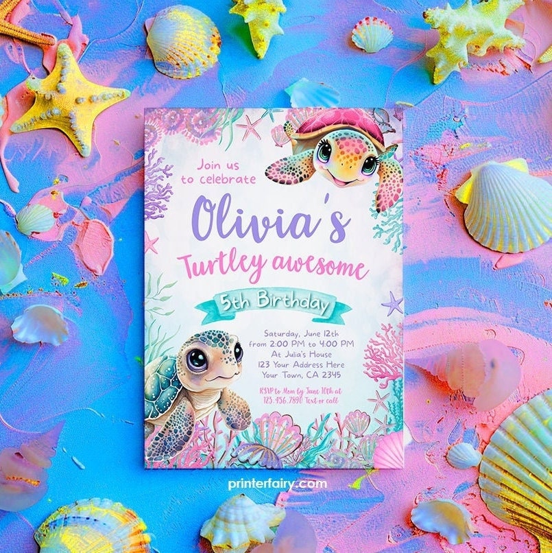 Sea Turtle Birthday Invitation, Under the Sea Party, Editable Template (Instant Download)