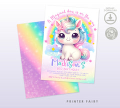 Rainbow Unicorn Birthday Invitation, Editable Party Theme (Instant Download)