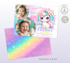 Unicorn Birthday Invitation with Photo, Rainbow Party Theme (Digital Download)